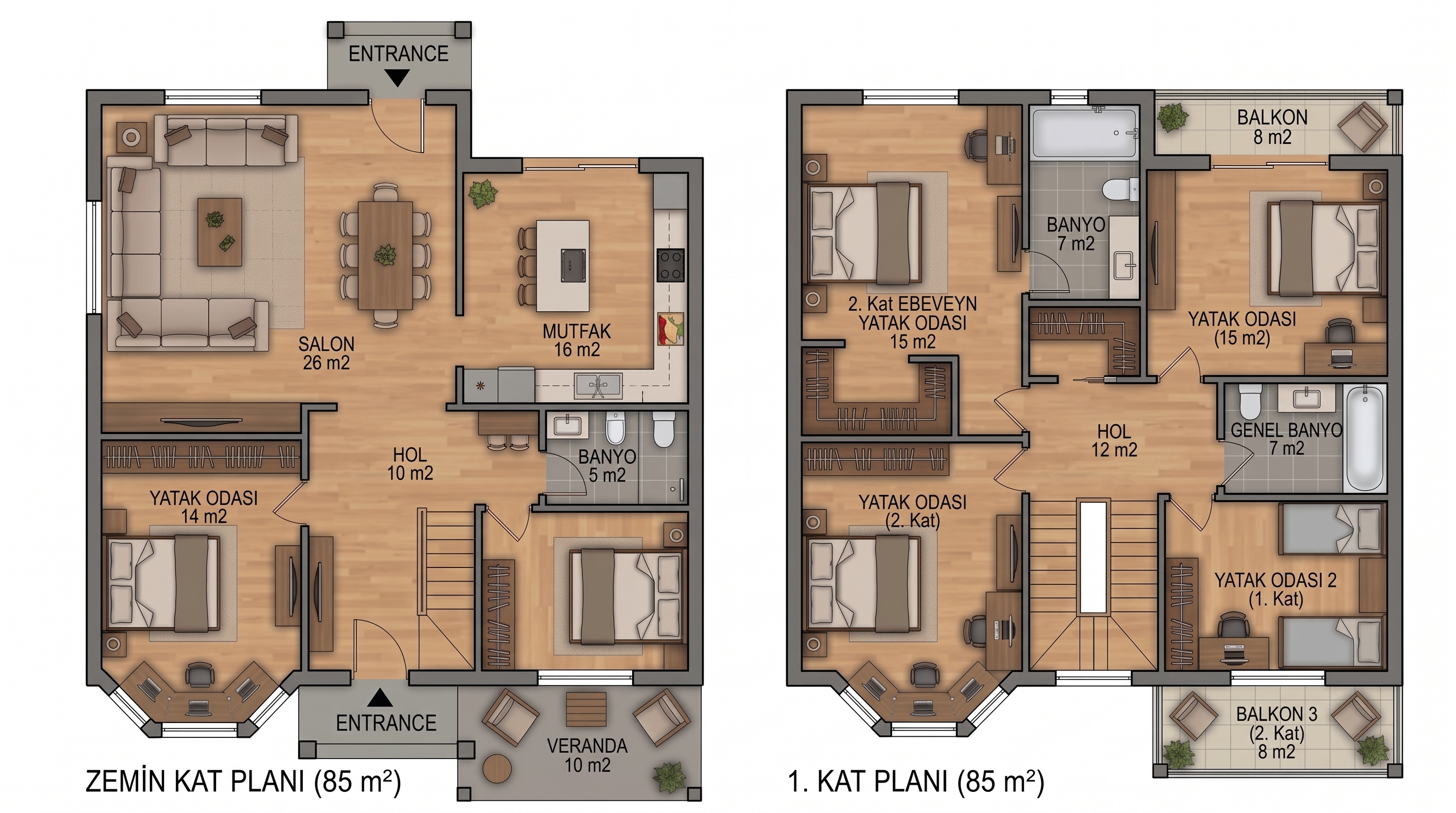 170 m² (4+1) Çift Katlı Prefabrik Ev - Kat Planı